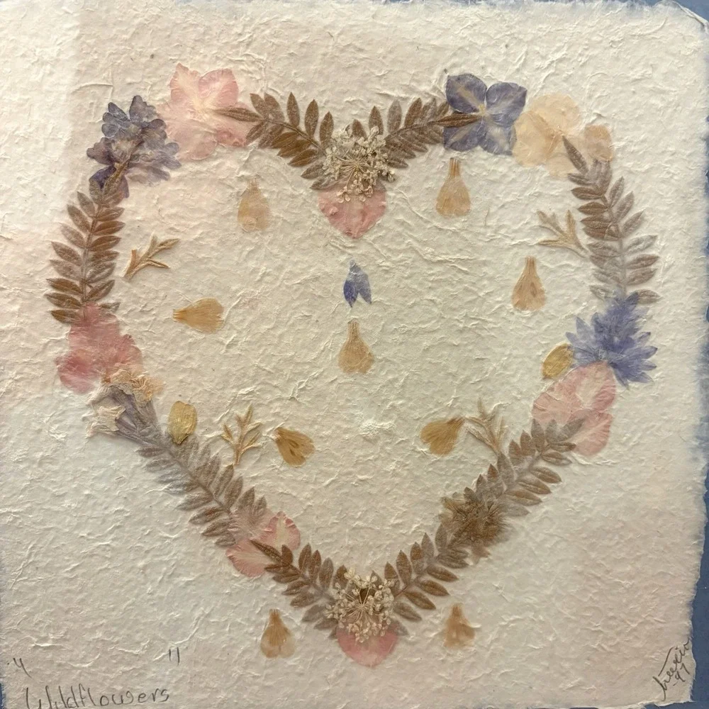 Vintage Pressed Wildflowers Heart Shaped Framed Art Pink Pastel Decor 1999 10x10